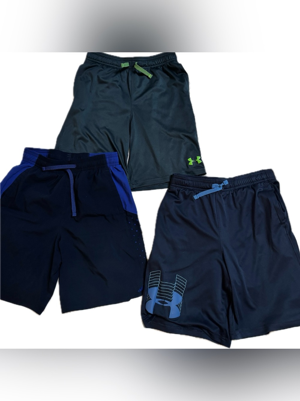 Three Pair of Under Armour Boys Heat Gear Athletic Shorts; Two Blue & One Green